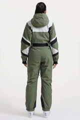 Women's Army Green Insulated Color-Block Utility One-Piece Ski Suit with Durable Fabric & Multiple Pockets