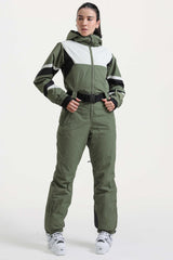 Women's Army Green Insulated Color-Block Utility One-Piece Ski Suit with Durable Fabric & Multiple Pockets