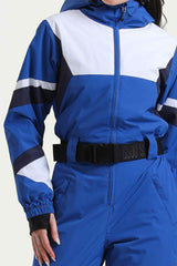 Women's Blue Insulated Color-Block Utility One-Piece Ski Suit with Durable Fabric & Multiple Pockets