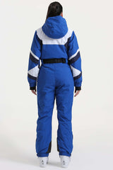 Women's Blue Insulated Color-Block Utility One-Piece Ski Suit with Durable Fabric & Multiple Pockets