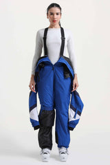 Women's Blue Insulated Color-Block Utility One-Piece Ski Suit with Durable Fabric & Multiple Pockets