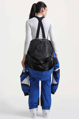 Women's Blue Insulated Color-Block Utility One-Piece Ski Suit with Durable Fabric & Multiple Pockets