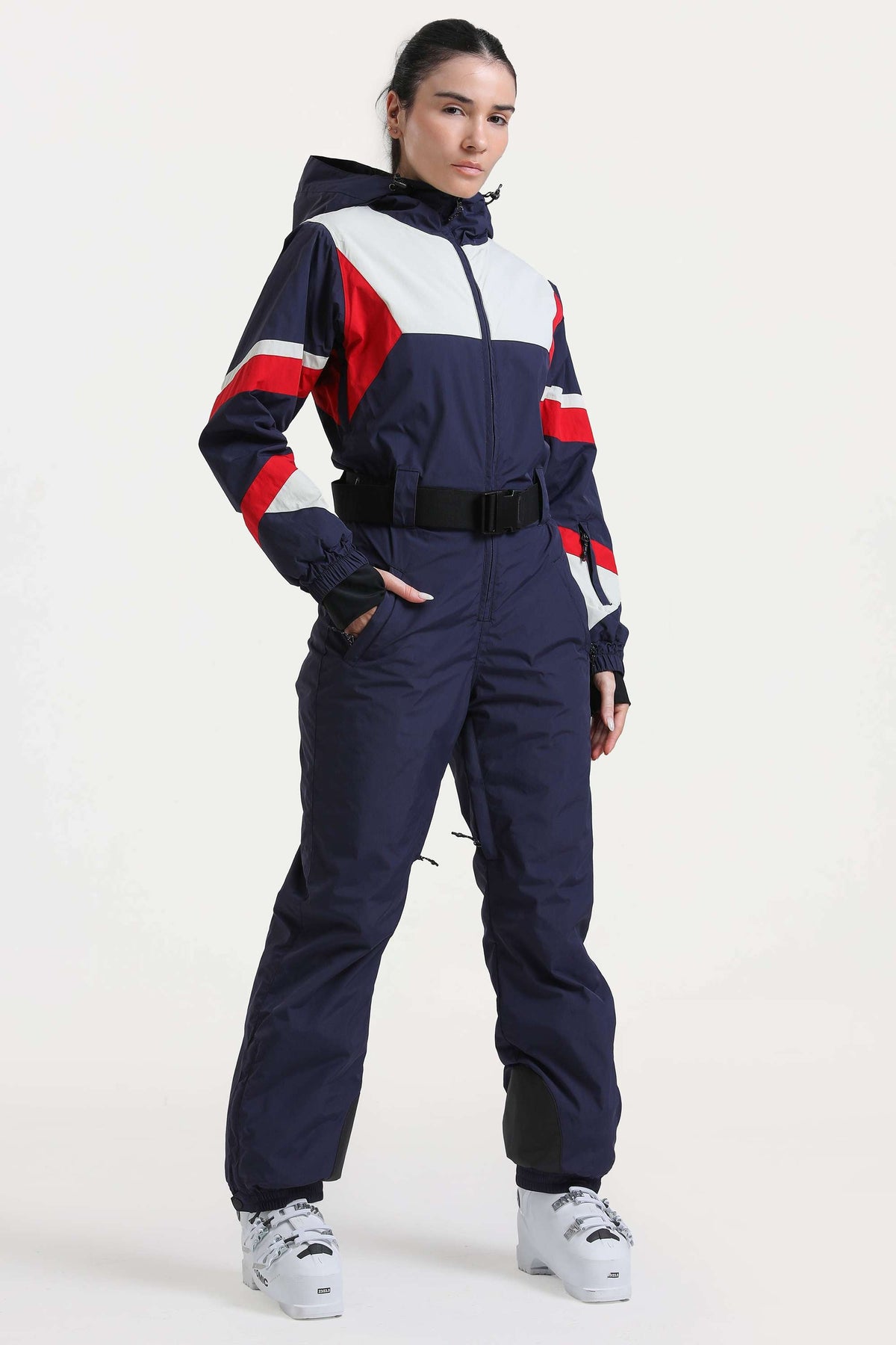 Women's Navy Insulated Color-Block Utility One-Piece Ski Suit with Durable Fabric & Multiple Pockets