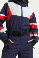 Women's Navy Insulated Color-Block Utility One-Piece Ski Suit with Durable Fabric & Multiple Pockets