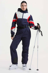 Women's Army Green Insulated Color-Block Utility One-Piece Ski Suit with Durable Fabric & Multiple Pockets