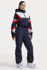 Women's Navy Insulated Color-Block Utility One-Piece Ski Suit with Durable Fabric & Multiple Pockets