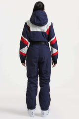 Women's Red Insulated Color-Block Utility One-Piece Ski Suit with Durable Fabric & Multiple Pockets