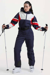 Women's Navy Insulated Color-Block Utility One-Piece Ski Suit with Durable Fabric & Multiple Pockets