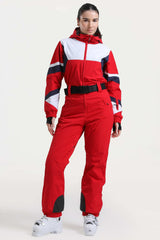 Women's Blue Insulated Color-Block Utility One-Piece Ski Suit with Durable Fabric & Multiple Pockets