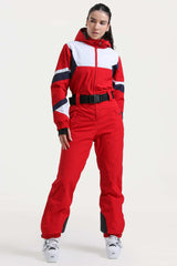 Women's Army Green Insulated Color-Block Utility One-Piece Ski Suit with Durable Fabric & Multiple Pockets