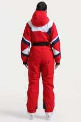 Women's Red Insulated Color-Block Utility One-Piece Ski Suit with Durable Fabric & Multiple Pockets
