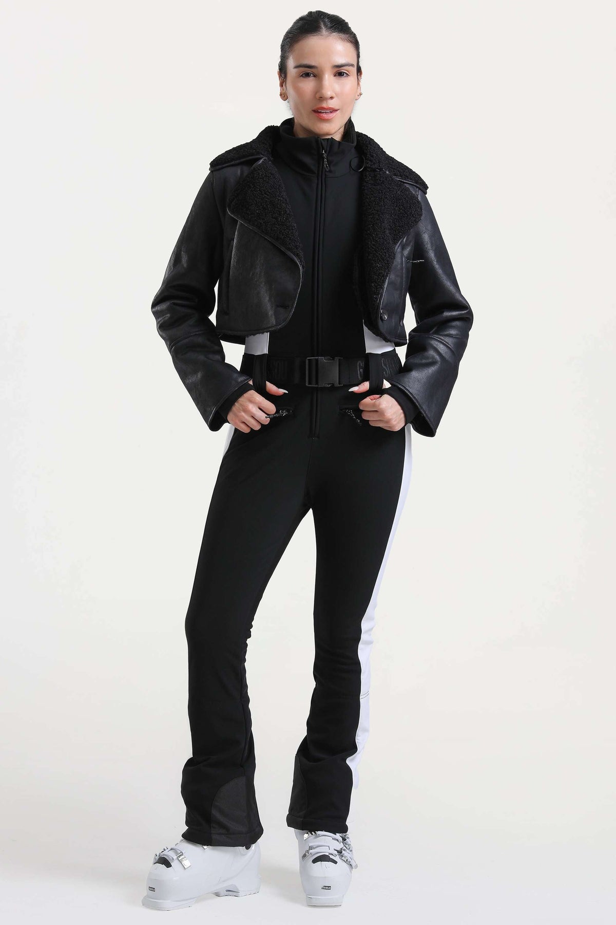 Women's Black Chic Slim-Fit One-Piece Ski Suit with Detachable Cozy Sherpa Jacket & Flared Legs