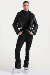 Women's Black Chic Slim-Fit One-Piece Ski Suit with Detachable Cozy Sherpa Jacket & Flared Legs