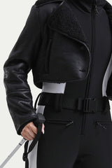 Women's Black Chic Slim-Fit One-Piece Ski Suit with Detachable Cozy Sherpa Jacket & Flared Legs