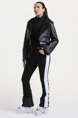 Women's Black Chic Slim-Fit One-Piece Ski Suit with Detachable Cozy Sherpa Jacket & Flared Legs