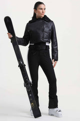 Women's Black Chic Slim-Fit One-Piece Ski Suit with Detachable Cozy Sherpa Jacket & Flared Legs