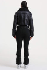 Women's Black Chic Slim-Fit One-Piece Ski Suit with Detachable Cozy Sherpa Jacket & Flared Legs