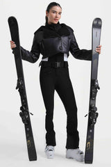 Women's Black Chic Slim-Fit One-Piece Ski Suit with Detachable Cozy Sherpa Jacket & Flared Legs