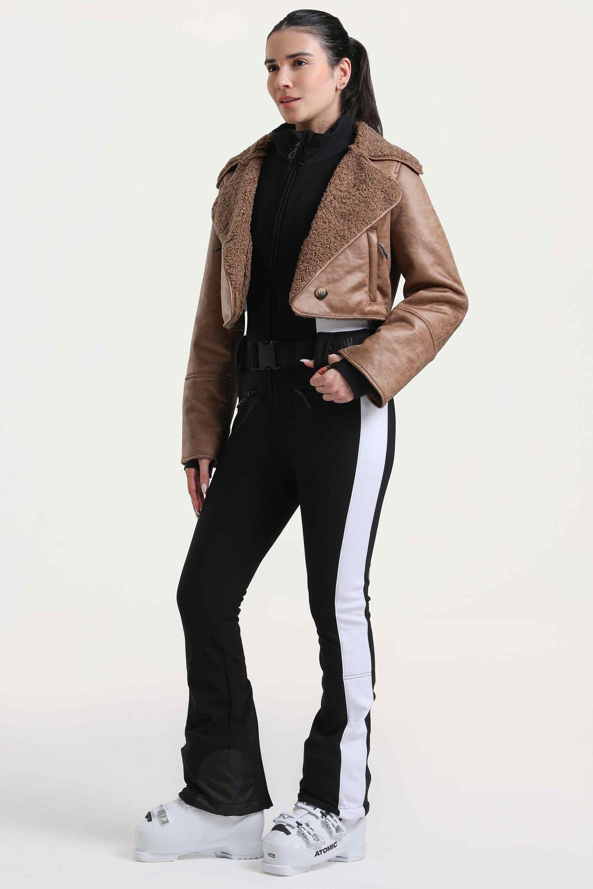 Women's Black & Brown Chic Slim-Fit One-Piece Ski Suit with Detachable Cozy Sherpa Jacket & Flared Legs