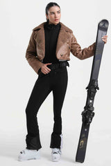 Women's Black & Brown Chic Slim-Fit One-Piece Ski Suit with Detachable Cozy Sherpa Jacket & Flared Legs