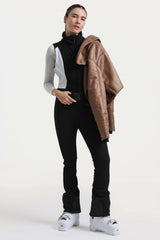 Women's Black & Brown Chic Slim-Fit One-Piece Ski Suit with Detachable Cozy Sherpa Jacket & Flared Legs