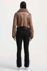 Women's Black & Brown Chic Slim-Fit One-Piece Ski Suit with Detachable Cozy Sherpa Jacket & Flared Legs