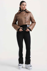 Women's Black & Brown Chic Slim-Fit One-Piece Ski Suit with Detachable Cozy Sherpa Jacket & Flared Legs