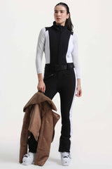 Women's Black & Brown Chic Slim-Fit One-Piece Ski Suit with Detachable Cozy Sherpa Jacket & Flared Legs