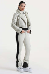 Women's Off White Chic Slim-Fit One-Piece Ski Suit with Detachable Cozy Sherpa Jacket & Flared Legs