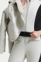 Women's Off White Chic Slim-Fit One-Piece Ski Suit with Detachable Cozy Sherpa Jacket & Flared Legs