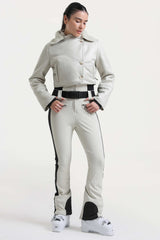 Women's Off White Chic Slim-Fit One-Piece Ski Suit with Detachable Cozy Sherpa Jacket & Flared Legs
