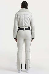 Women's Off White Chic Slim-Fit One-Piece Ski Suit with Detachable Cozy Sherpa Jacket & Flared Legs