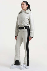 Women's Off White Chic Slim-Fit One-Piece Ski Suit with Detachable Cozy Sherpa Jacket & Flared Legs