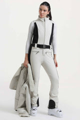 Women's Black Chic Slim-Fit One-Piece Ski Suit with Detachable Cozy Sherpa Jacket & Flared Legs