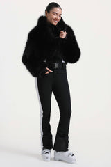 Women's Khaki Stylish Slim-Fit One-Piece Ski Suit with Detachable Faux Fox Fur Jacket & Flared Legs