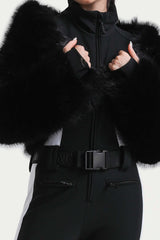 Women's Black Stylish Slim-Fit One-Piece Ski Suit with Detachable Faux Fox Fur Jacket & Flared Legs