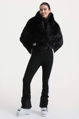 Women's White Stylish Slim-Fit One-Piece Ski Suit with Detachable Faux Fox Fur Jacket & Flared Legs