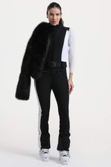 Women's Black Stylish Slim-Fit One-Piece Ski Suit with Detachable Faux Fox Fur Jacket & Flared Legs