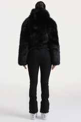 Women's Black Stylish Slim-Fit One-Piece Ski Suit with Detachable Faux Fox Fur Jacket & Flared Legs
