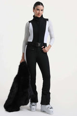 Women's Khaki Stylish Slim-Fit One-Piece Ski Suit with Detachable Faux Fox Fur Jacket & Flared Legs