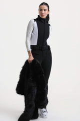 Women's White Stylish Slim-Fit One-Piece Ski Suit with Detachable Faux Fox Fur Jacket & Flared Legs