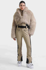 Women's Khaki Stylish Slim-Fit One-Piece Ski Suit with Detachable Faux Fox Fur Jacket & Flared Legs