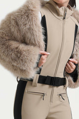 Women's Khaki Stylish Slim-Fit One-Piece Ski Suit with Detachable Faux Fox Fur Jacket & Flared Legs