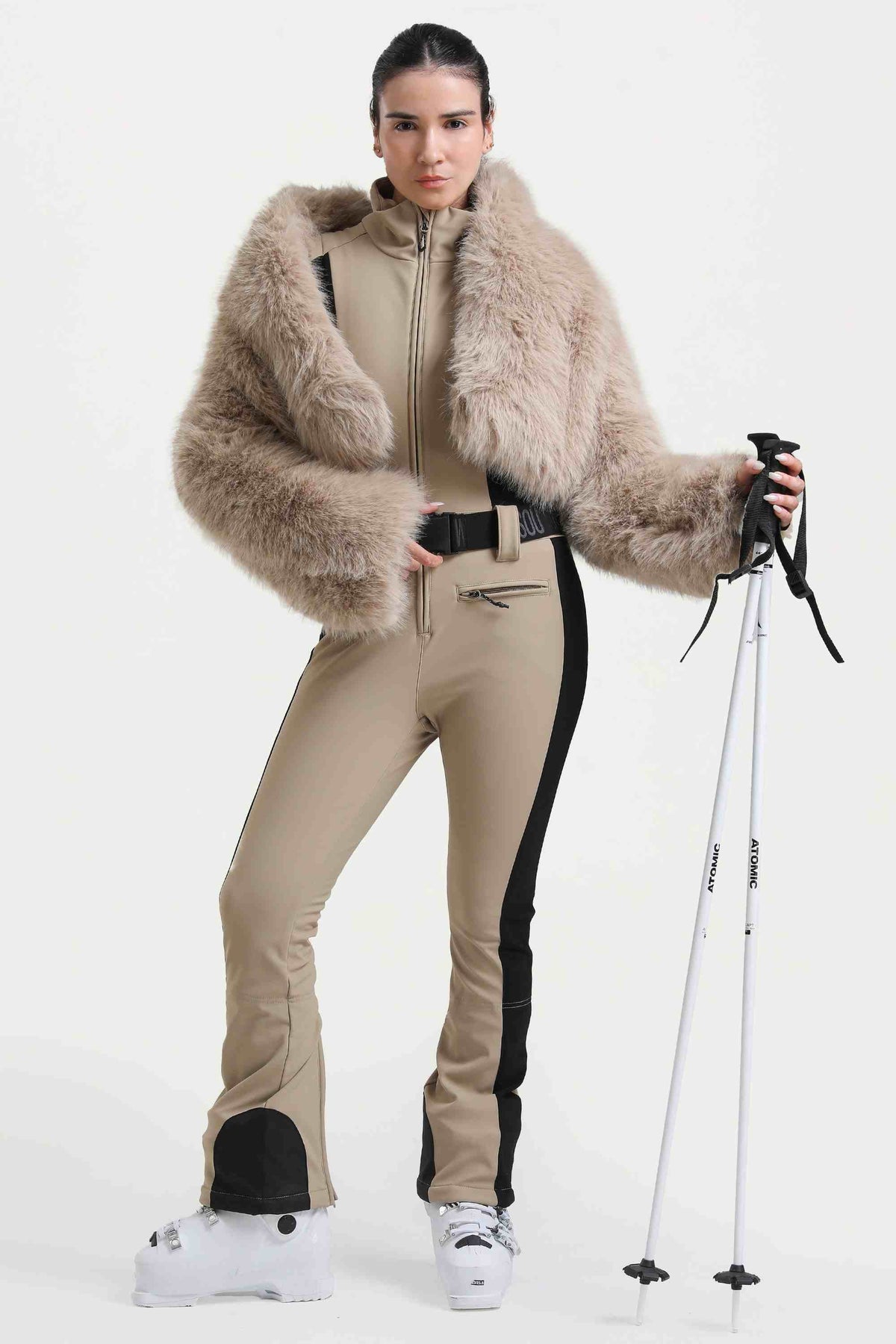 Women's Black Stylish Slim-Fit One-Piece Ski Suit with Detachable Faux Fox Fur Jacket & Flared Legs