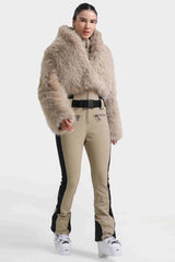 Women's Khaki Stylish Slim-Fit One-Piece Ski Suit with Detachable Faux Fox Fur Jacket & Flared Legs