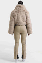 Women's Khaki Stylish Slim-Fit One-Piece Ski Suit with Detachable Faux Fox Fur Jacket & Flared Legs