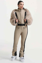 Women's Khaki Stylish Slim-Fit One-Piece Ski Suit with Detachable Faux Fox Fur Jacket & Flared Legs