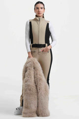 Women's Khaki Stylish Slim-Fit One-Piece Ski Suit with Detachable Faux Fox Fur Jacket & Flared Legs