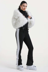 Women's White Stylish Slim-Fit One-Piece Ski Suit with Detachable Faux Fox Fur Jacket & Flared Legs