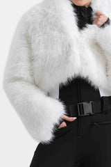 Women's White Stylish Slim-Fit One-Piece Ski Suit with Detachable Faux Fox Fur Jacket & Flared Legs